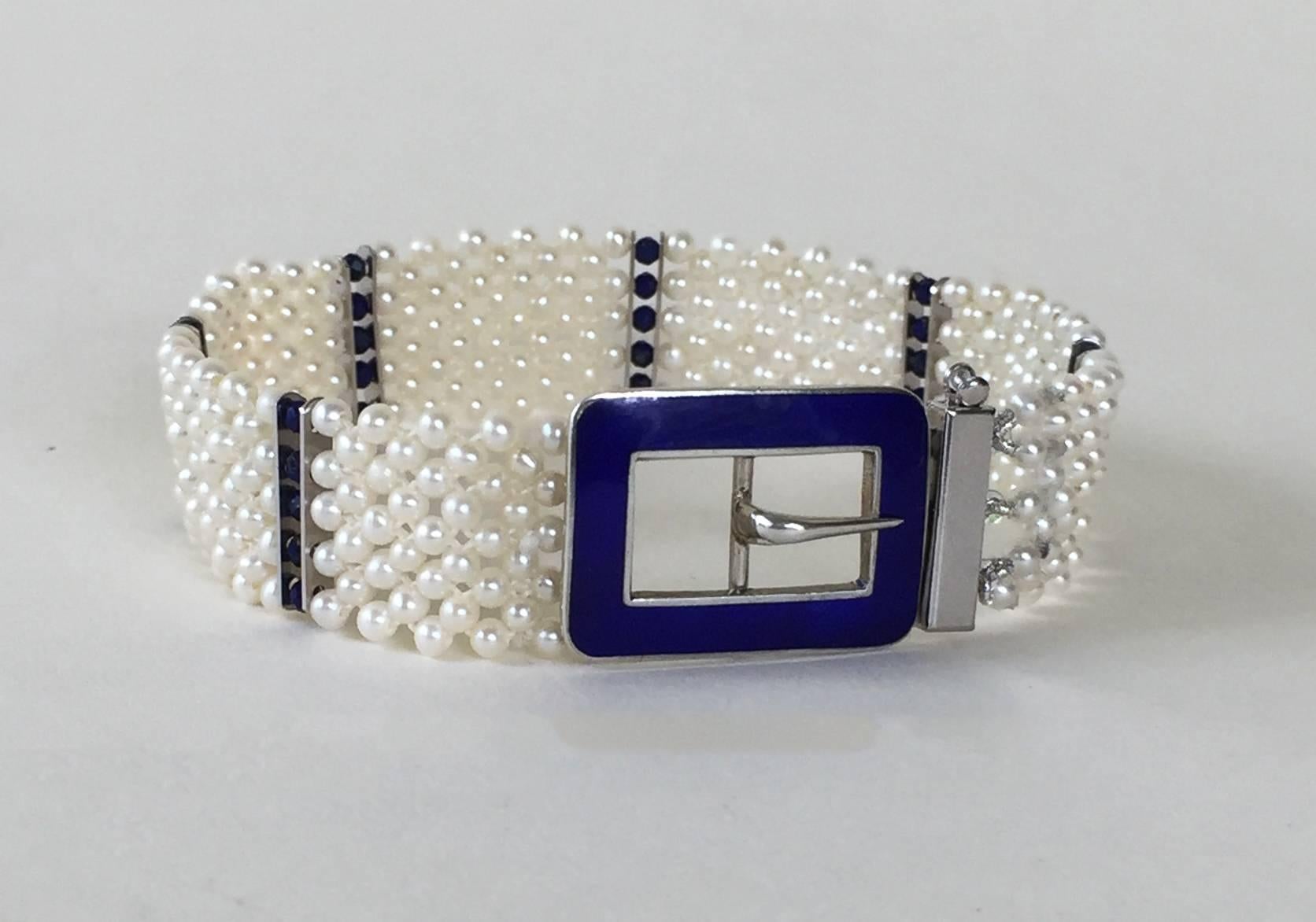 Bead Marina J. Blue Enamel Buckle with Woven Pearl Bracelet & Lapis Lazuli beads 14K 