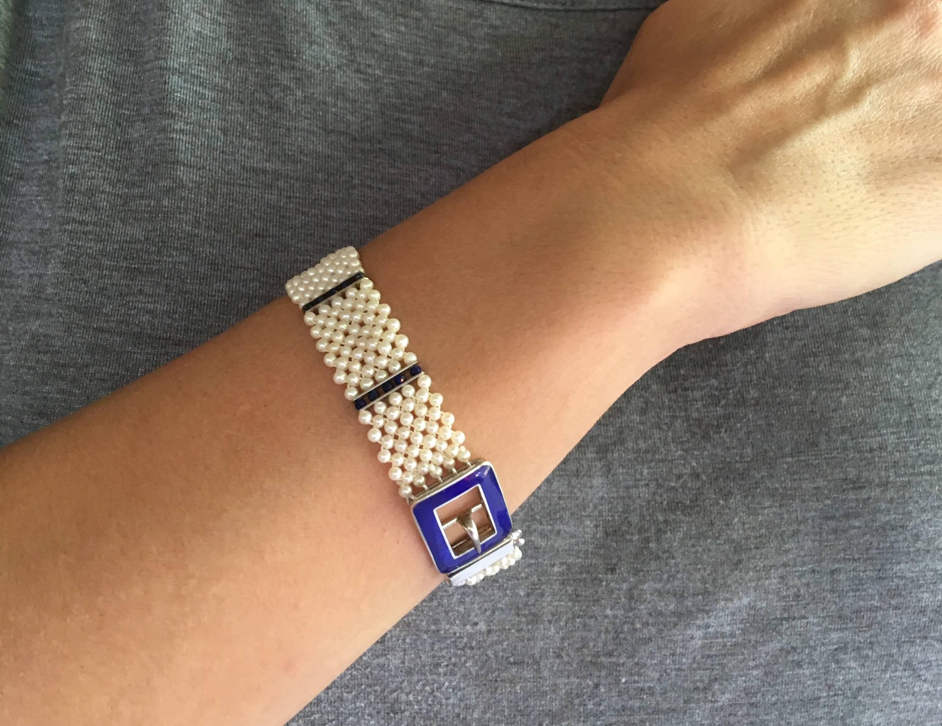 Marina J. Blue Enamel Buckle with Woven Pearl Bracelet & Lapis Lazuli beads 14K  3