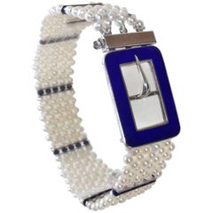 Marina J. Blue Enamel Buckle with Woven Pearl Bracelet & Lapis Lazuli beads 14K 