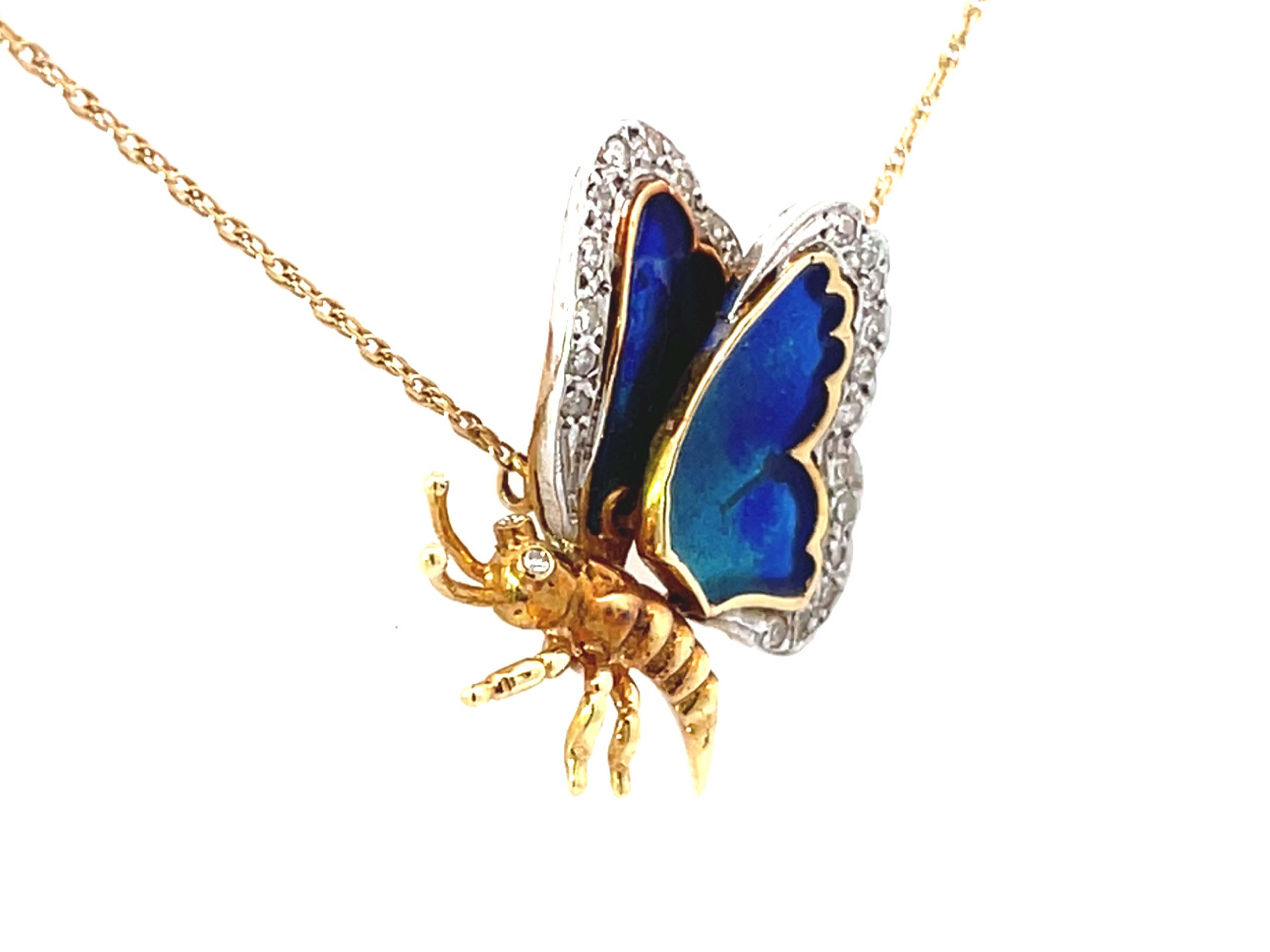 Modern Blue Enamel Butterfly and Diamond Necklace in 14k Yellow Gold For Sale