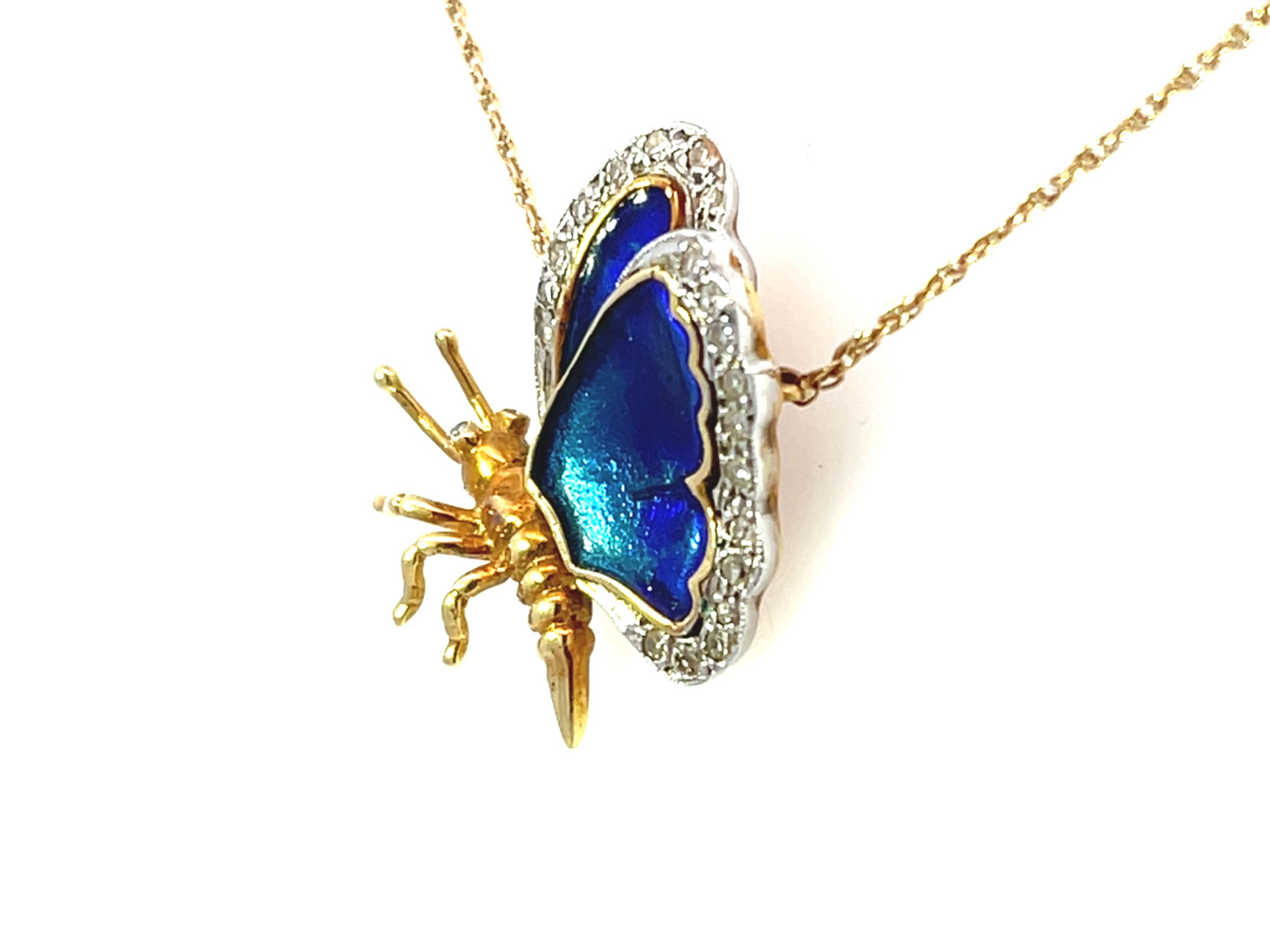 Brilliant Cut Blue Enamel Butterfly and Diamond Necklace in 14k Yellow Gold For Sale