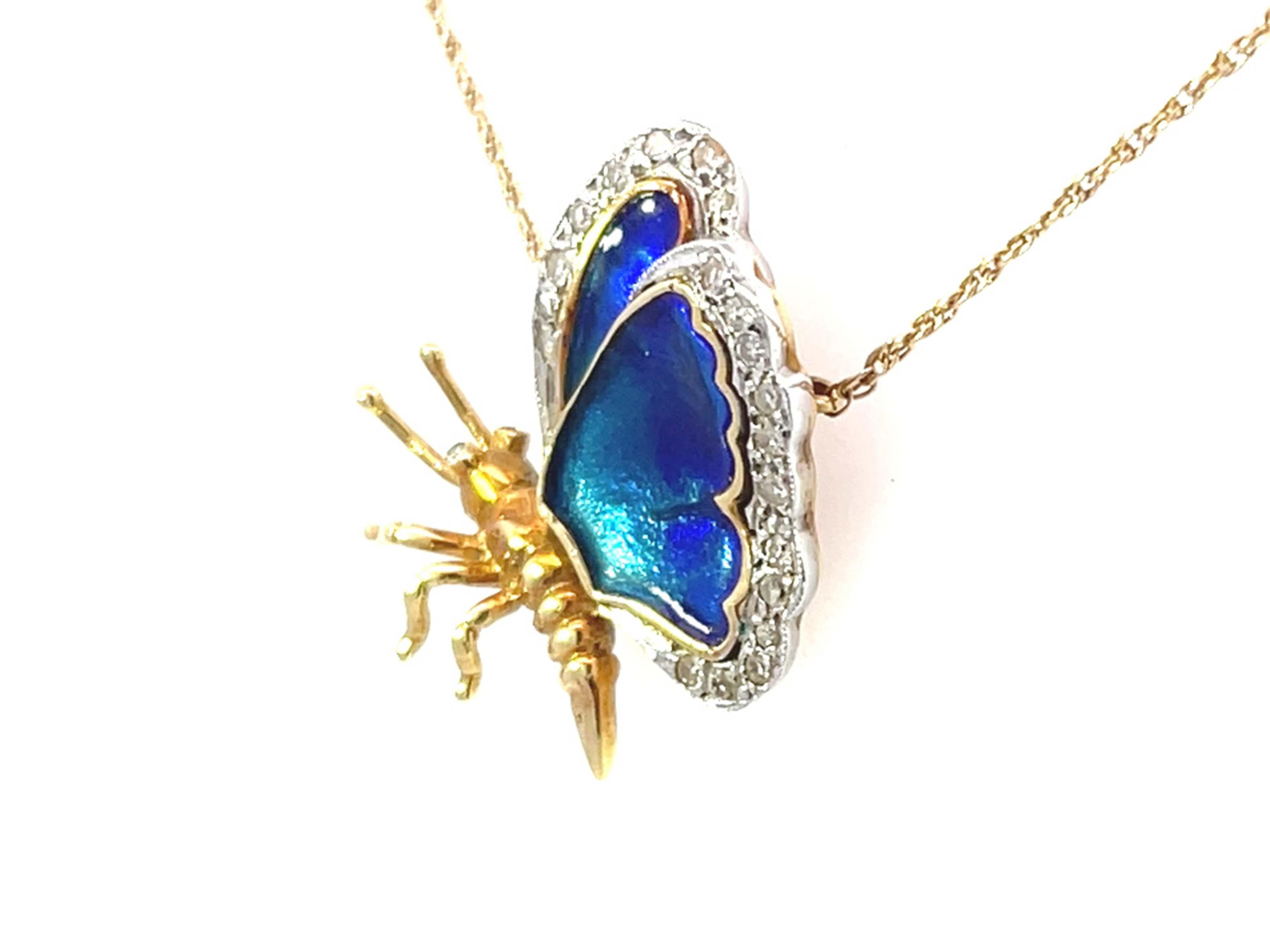 Blue Enamel Butterfly and Diamond Necklace in 14k Yellow Gold In Excellent Condition For Sale In Honolulu, HI