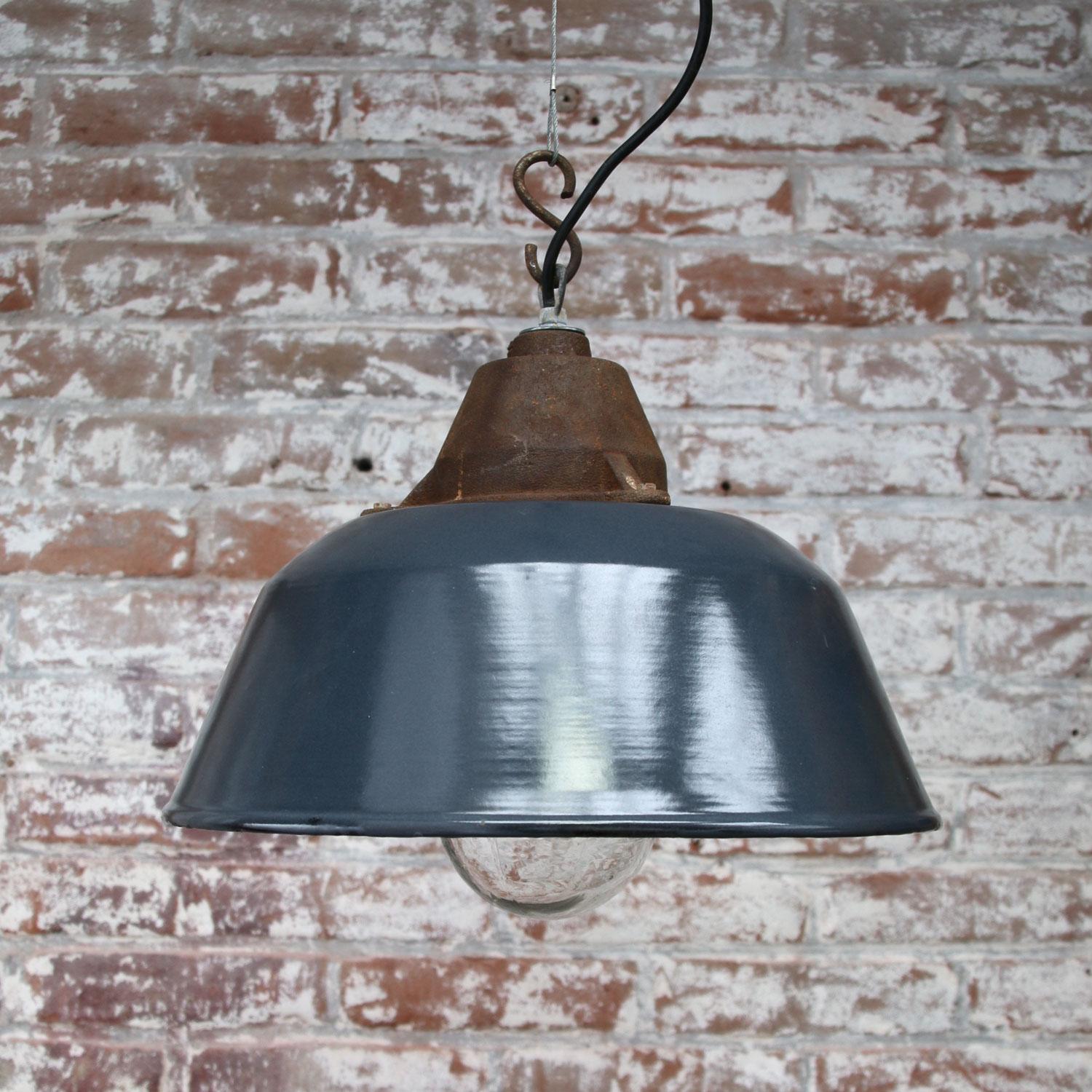 Blue Enamel Cast Iron Clear Glass Vintage Industrial Pendant Light In Good Condition In Amsterdam, NL