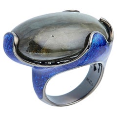 Blue Enamel Coated Cabochon Cut Labradorite Statement Ring in Sterling Silver