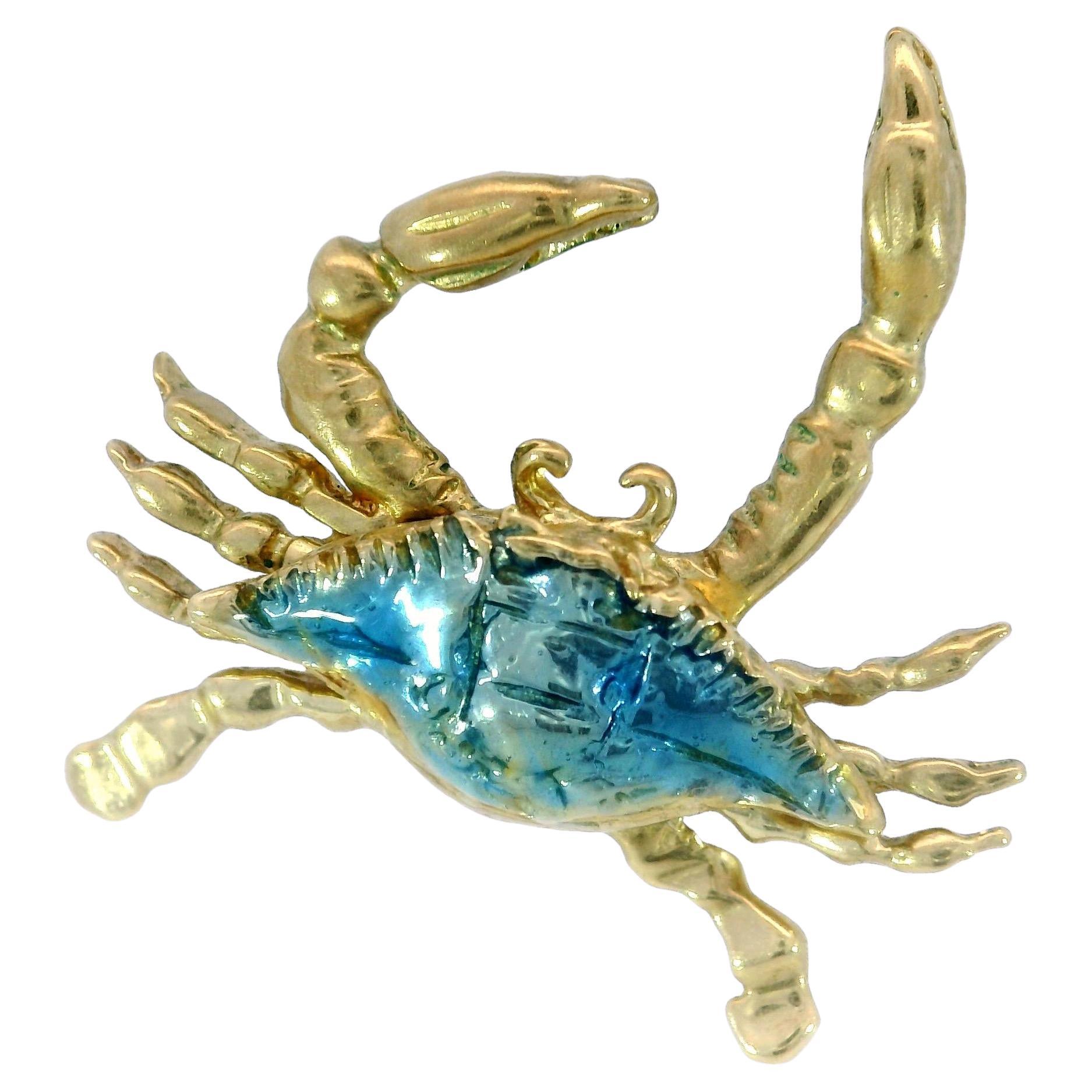 Blue Enamel Crab Charm Pendant 14K Yellow Gold