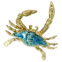 Blue Enamel Crab Charm Pendant 14K Yellow Gold