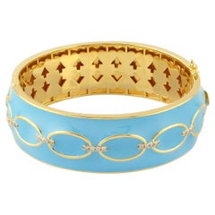 Blue Enamel Cuff Bracelet with Carved Grill Made in 18k Gold & Silver