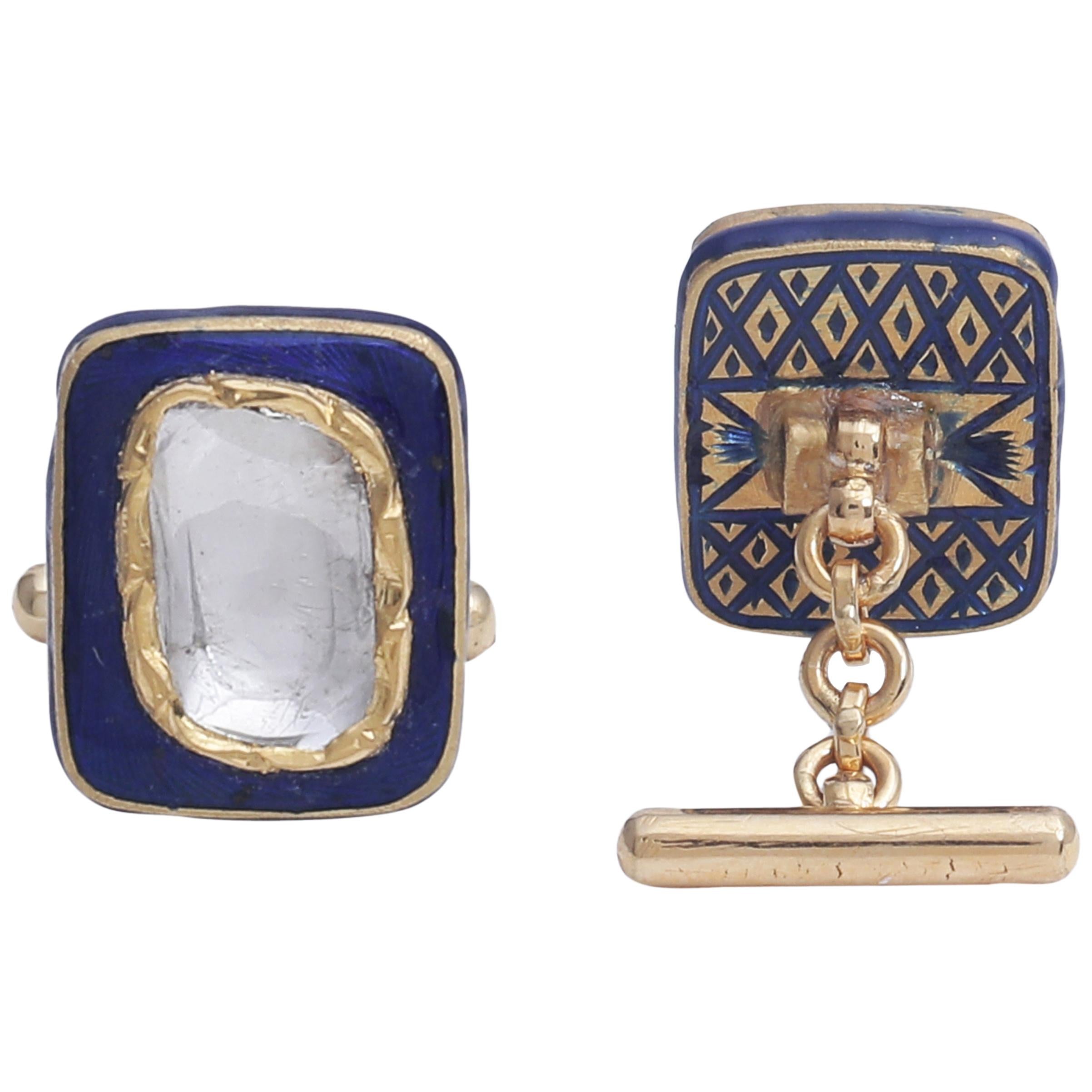 Blue Enamel Cufflinks with 1.10 Carat Diamonds Handcrafted in 18 Karat Gold