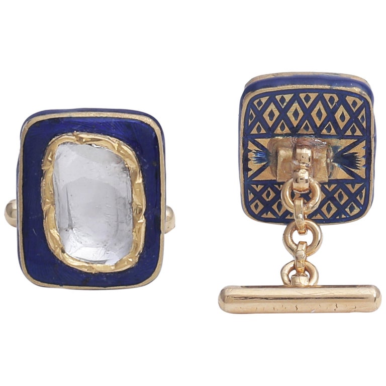 Blue Enamel Cufflinks with 1.10 Carat Diamonds Handcrafted in 18 Karat Gold For Sale