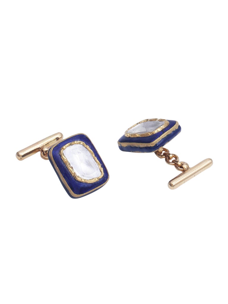 Uncut Blue Enamel Cufflinks with 1.10 Carat Diamonds Handcrafted in 18 Karat Gold For Sale