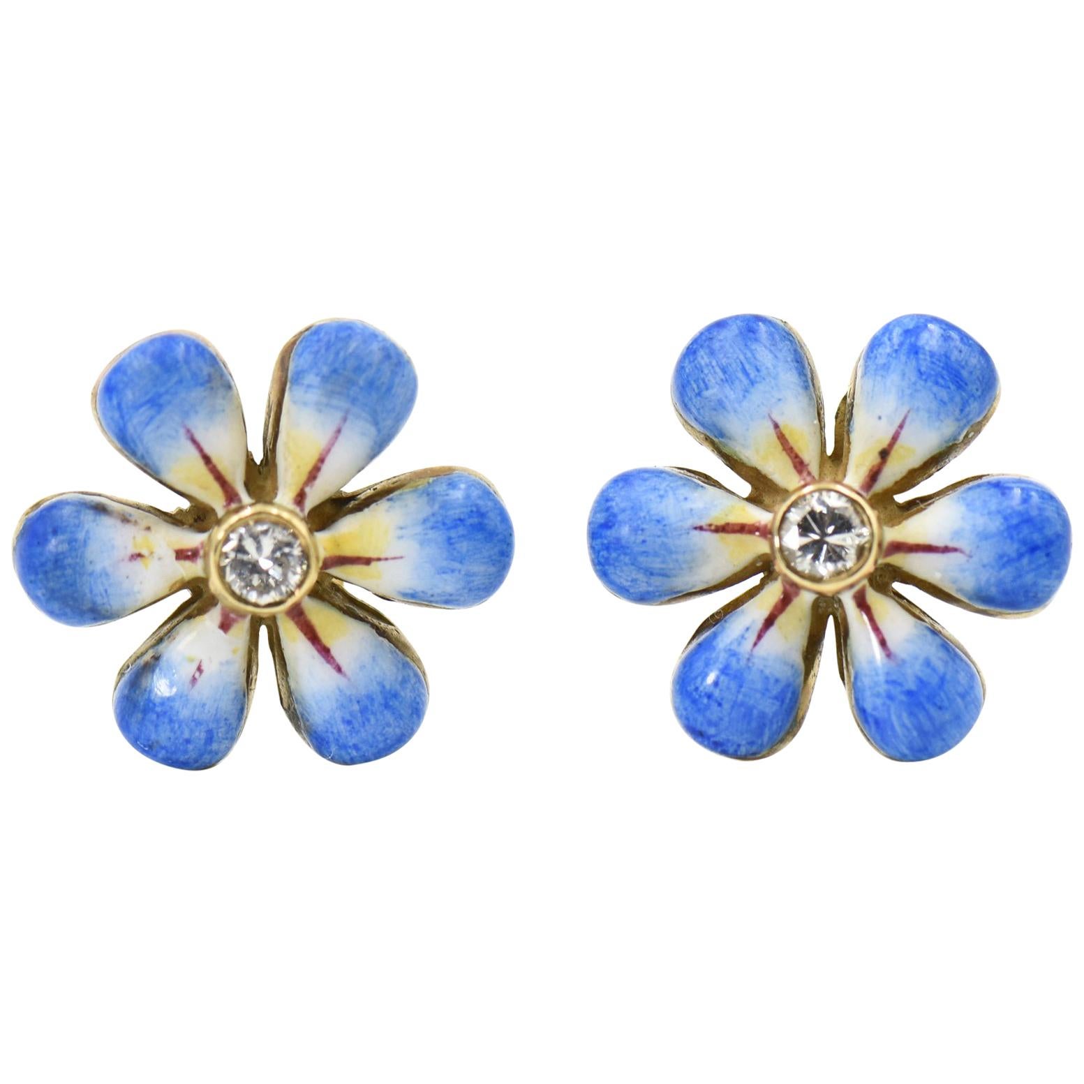 Blaue blaue Emaille Gänseblümchen Blume Diamant Gold Ohrringe von Sandra J. Sensations