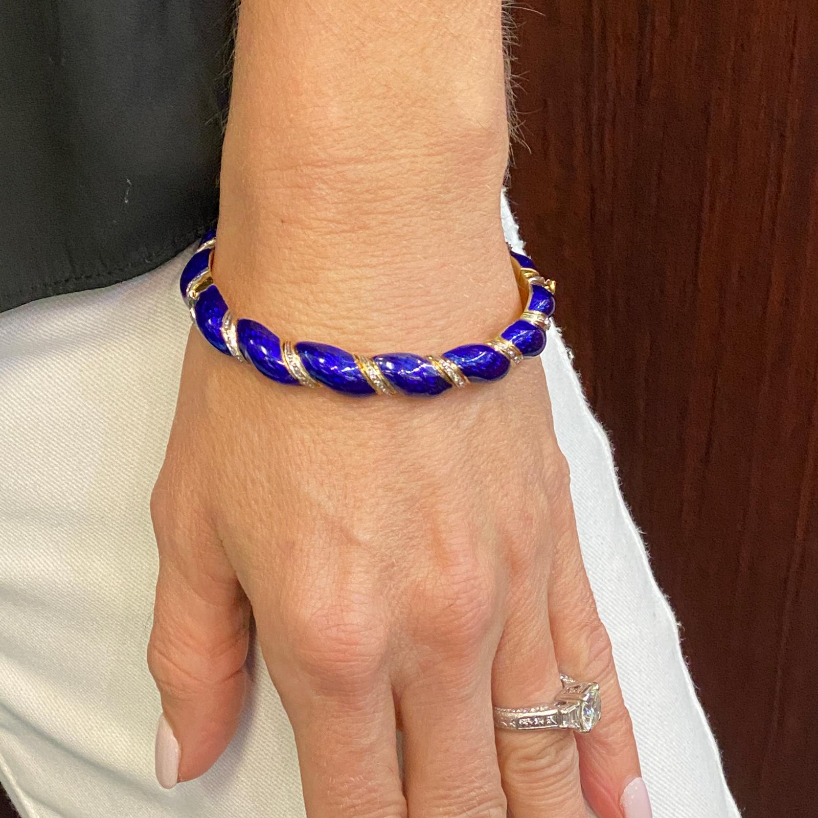 Blue Enamel Diamond 18 Karat Yellow Gold Vintage Hinged Bangle Bracelet ...