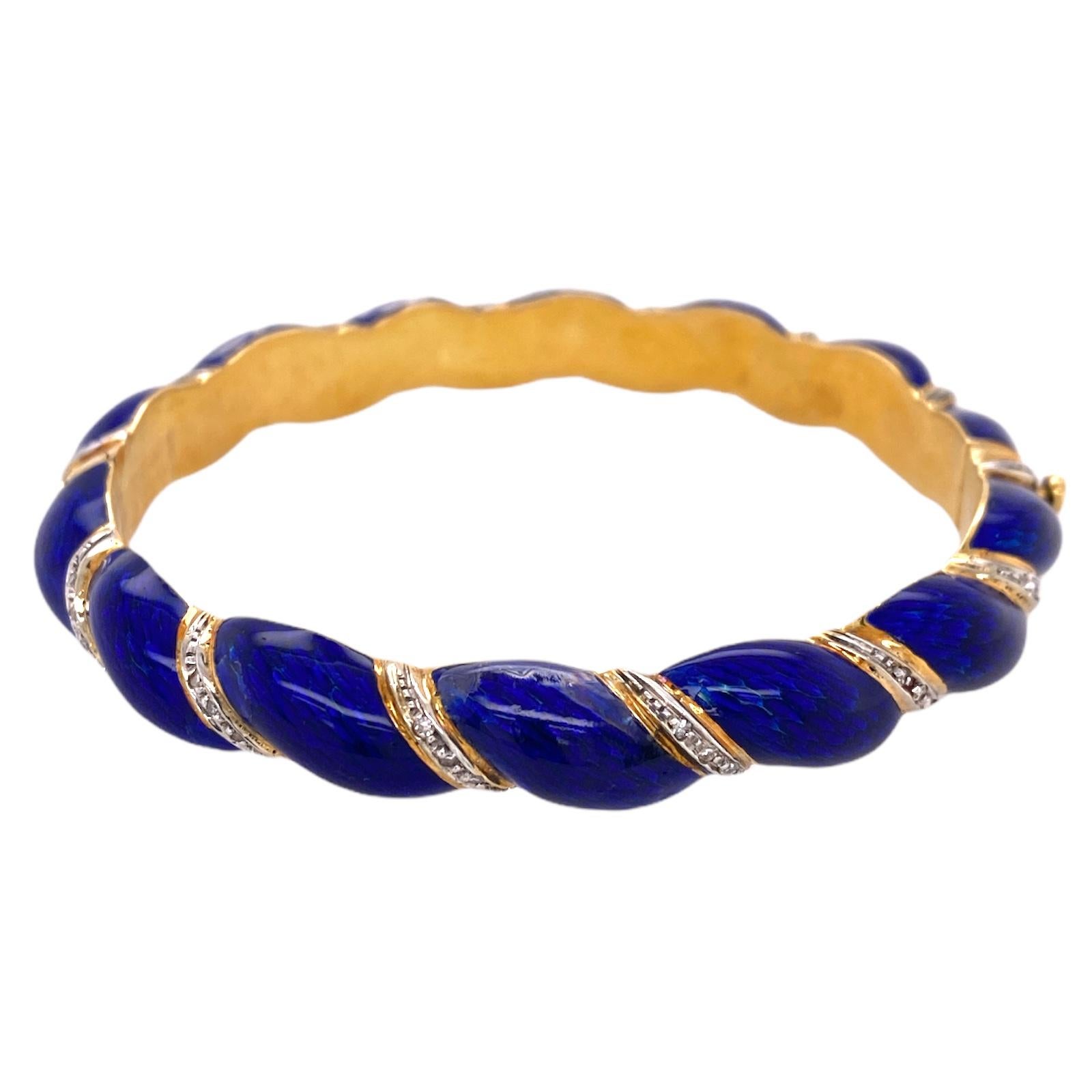 Blue Enamel Diamond 18 Karat Yellow Gold Vintage Hinged Bangle Bracelet ...