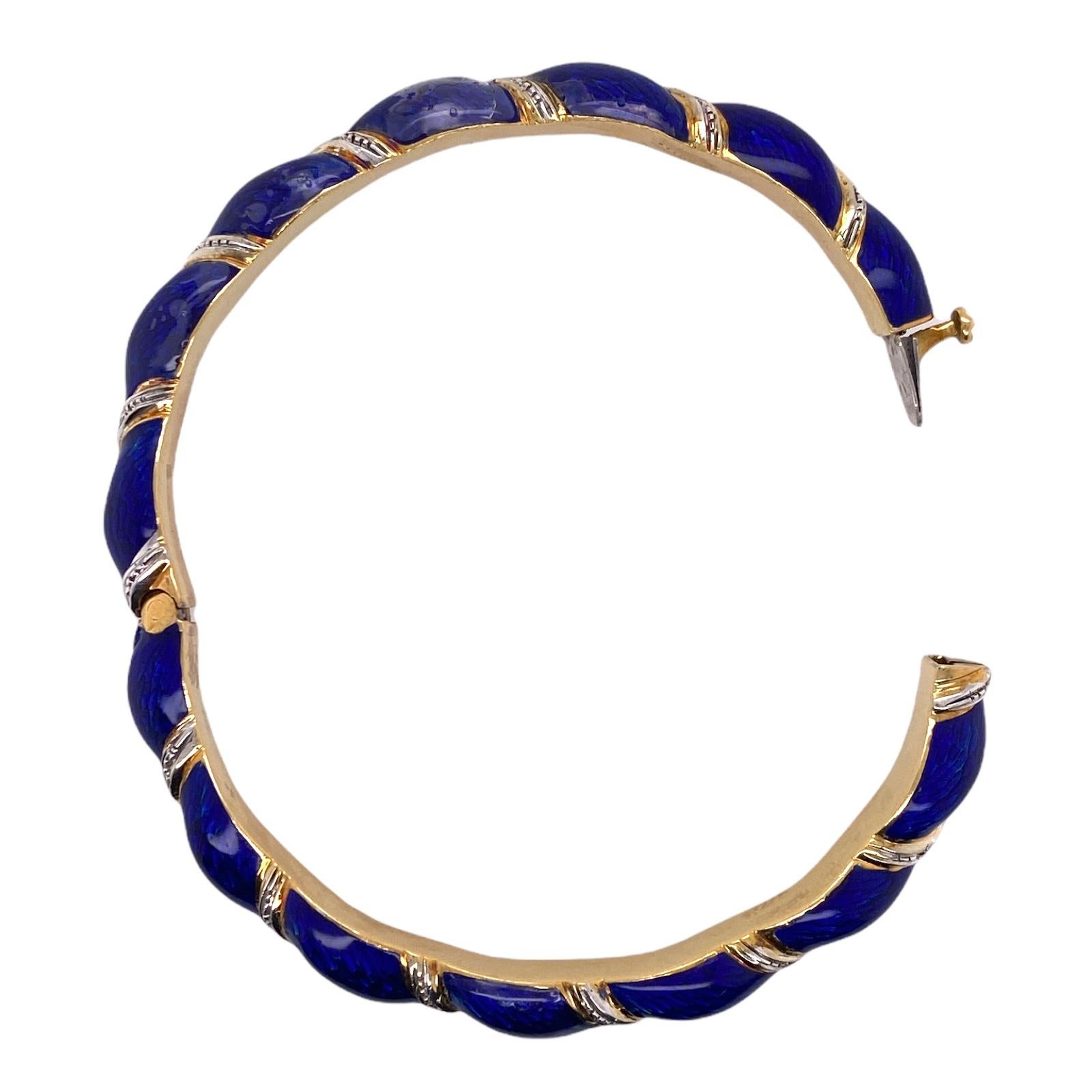 Blue Enamel Diamond 18 Karat Yellow Gold Vintage Hinged Bangle Bracelet ...