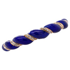 Blue Enamel Diamond 18 Karat Yellow Gold Vintage Hinged Bangle Bracelet
