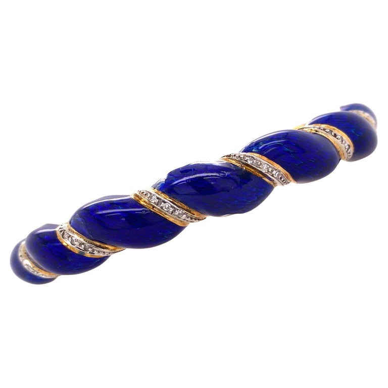 Blue Enamel Diamond 18 Karat Yellow Gold Vintage Hinged Bangle Bracelet ...