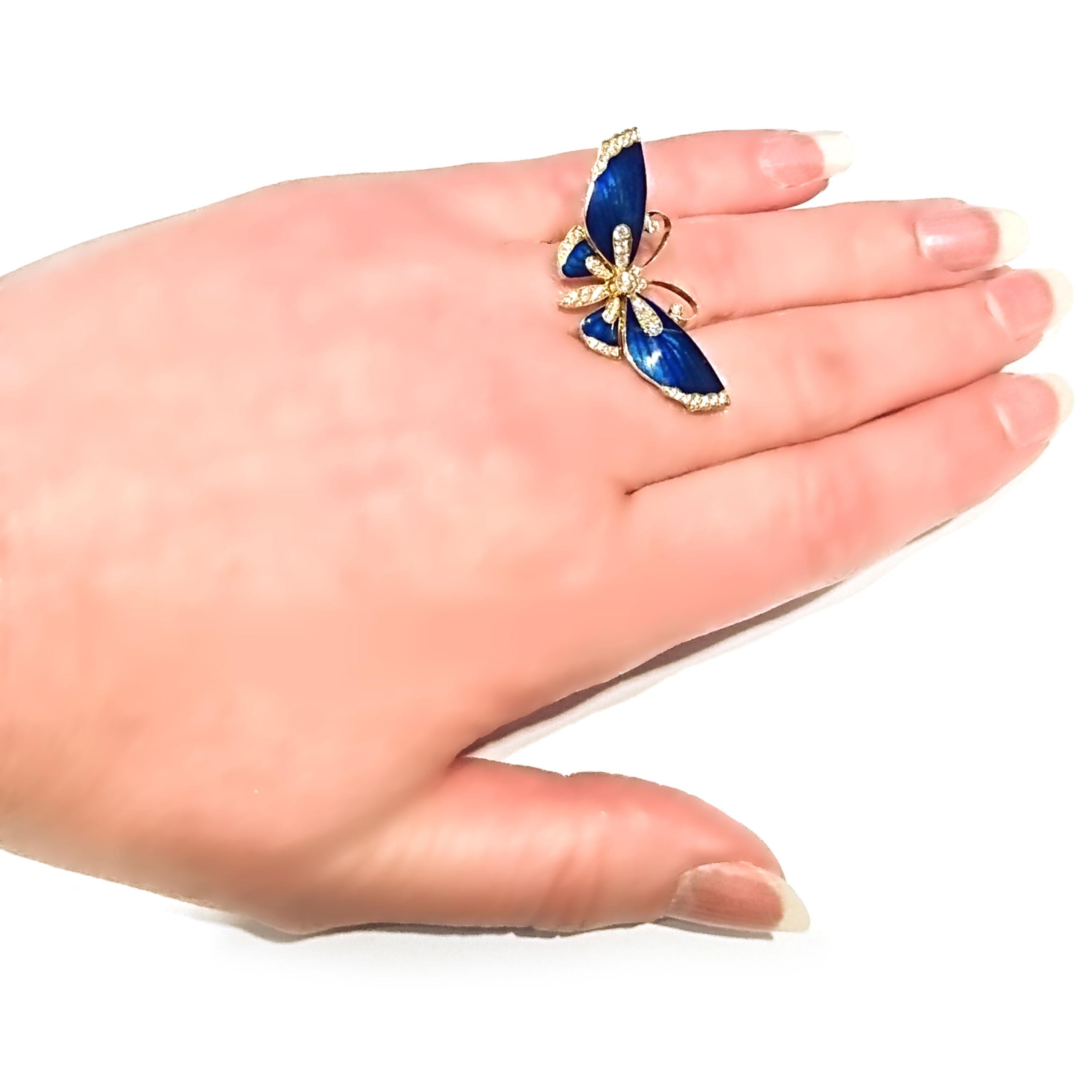 Anello moderno a farfalla in oro e diamanti con smalto blu Basse Taille in vendita 1