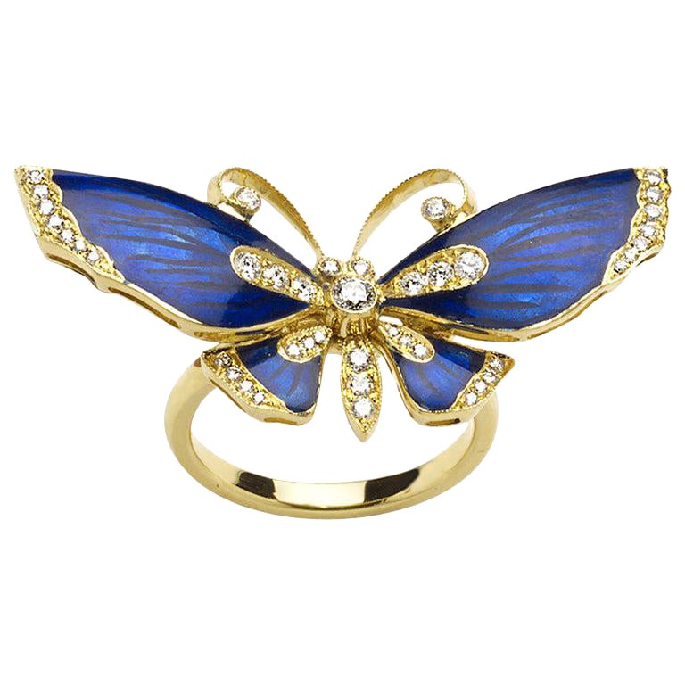 Bague papillon en émail bleu, diamant et or en vente
