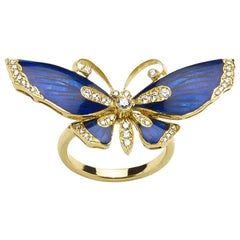 Blauer Emaille Diamant Gold Schmetterling Ring