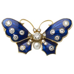 Blue Enamel Diamond Pearl and Gold Butterfly Brooch