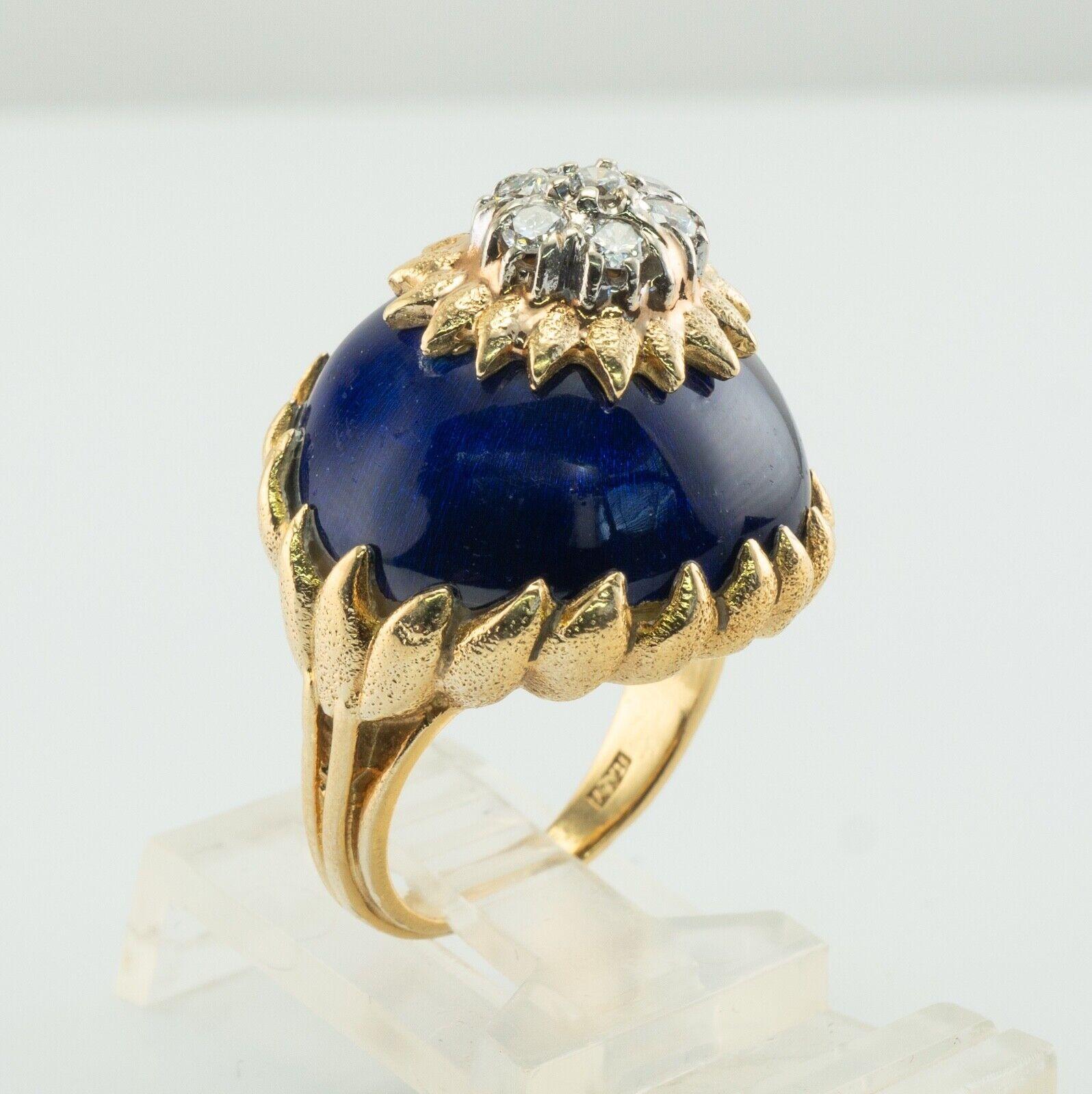 Blue Enamel Diamond Ring 18K Gold Italy Vintage For Sale 4