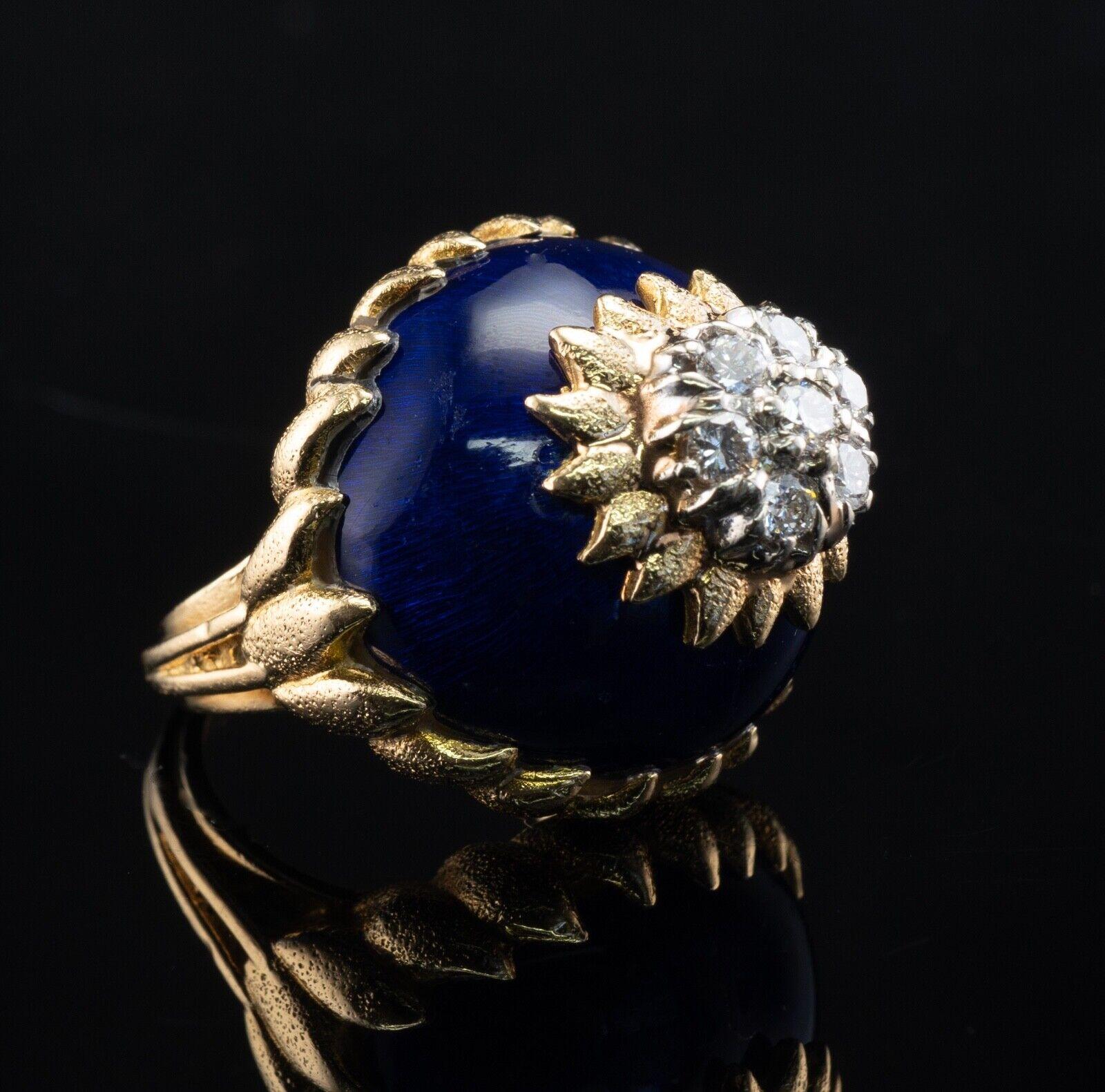 Round Cut Blue Enamel Diamond Ring 18K Gold Italy Vintage For Sale