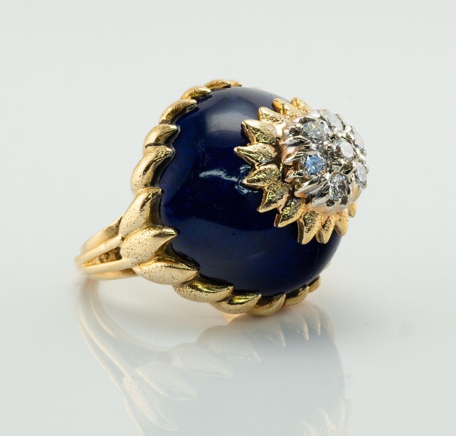 Blue Enamel Diamond Ring 18K Gold Italy Vintage For Sale 2