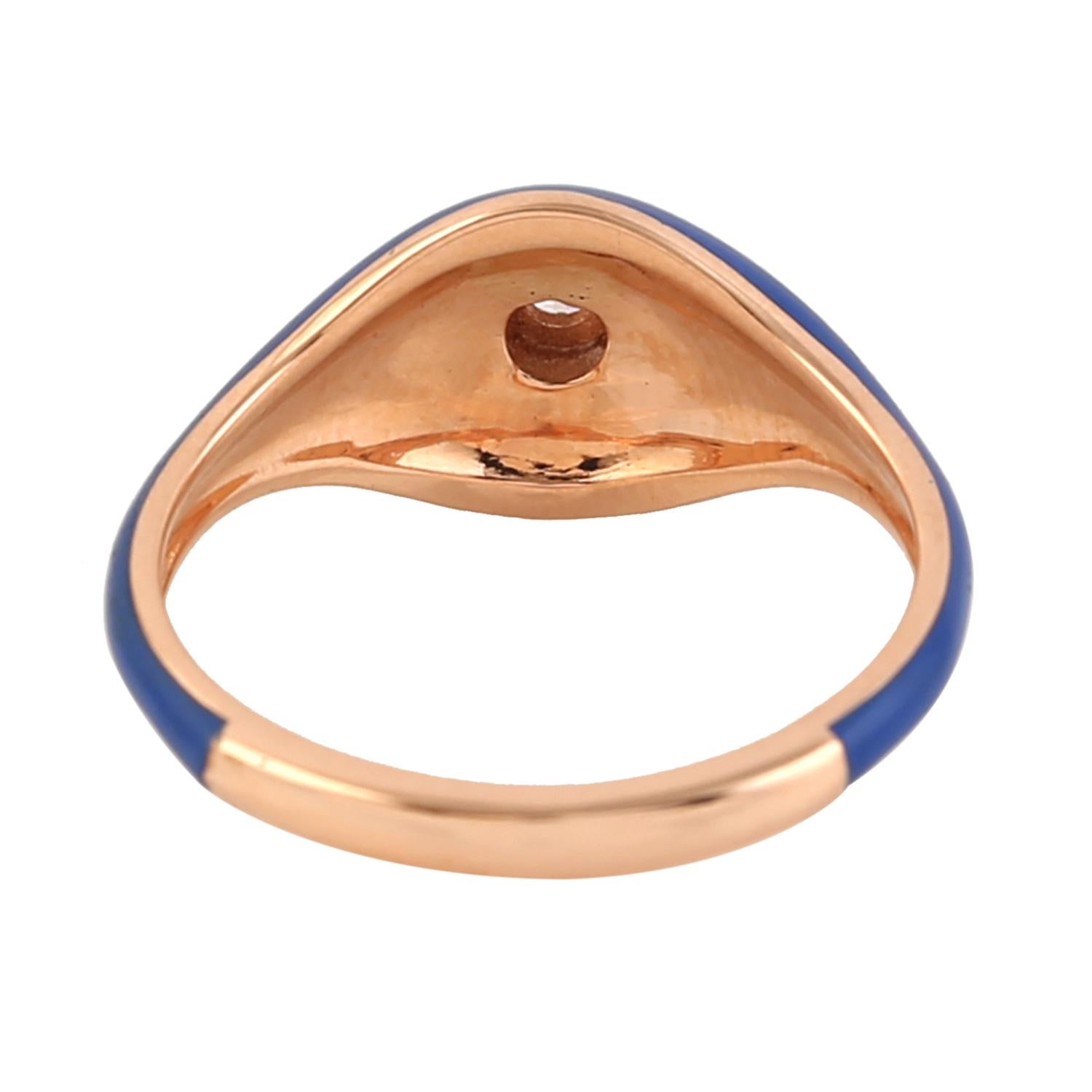 Artisan Blue Enamel Dome Ring With Center Diamond Made In 14k Rose Gold