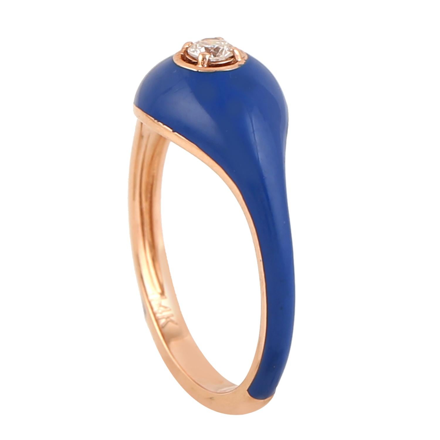 Mixed Cut Blue Enamel Dome Ring With Center Diamond Made In 14k Rose Gold