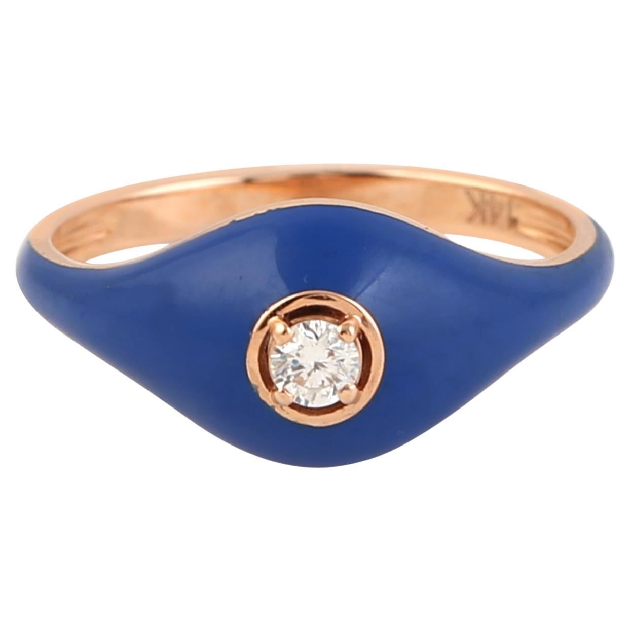 Blue Enamel Dome Ring With Center Diamond Made In 14k Rose Gold