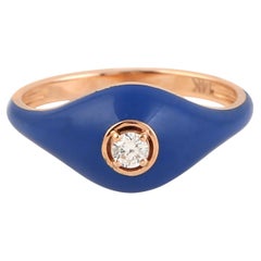 Blue Enamel Dome Ring With Center Diamond Made In 14k Rose Gold