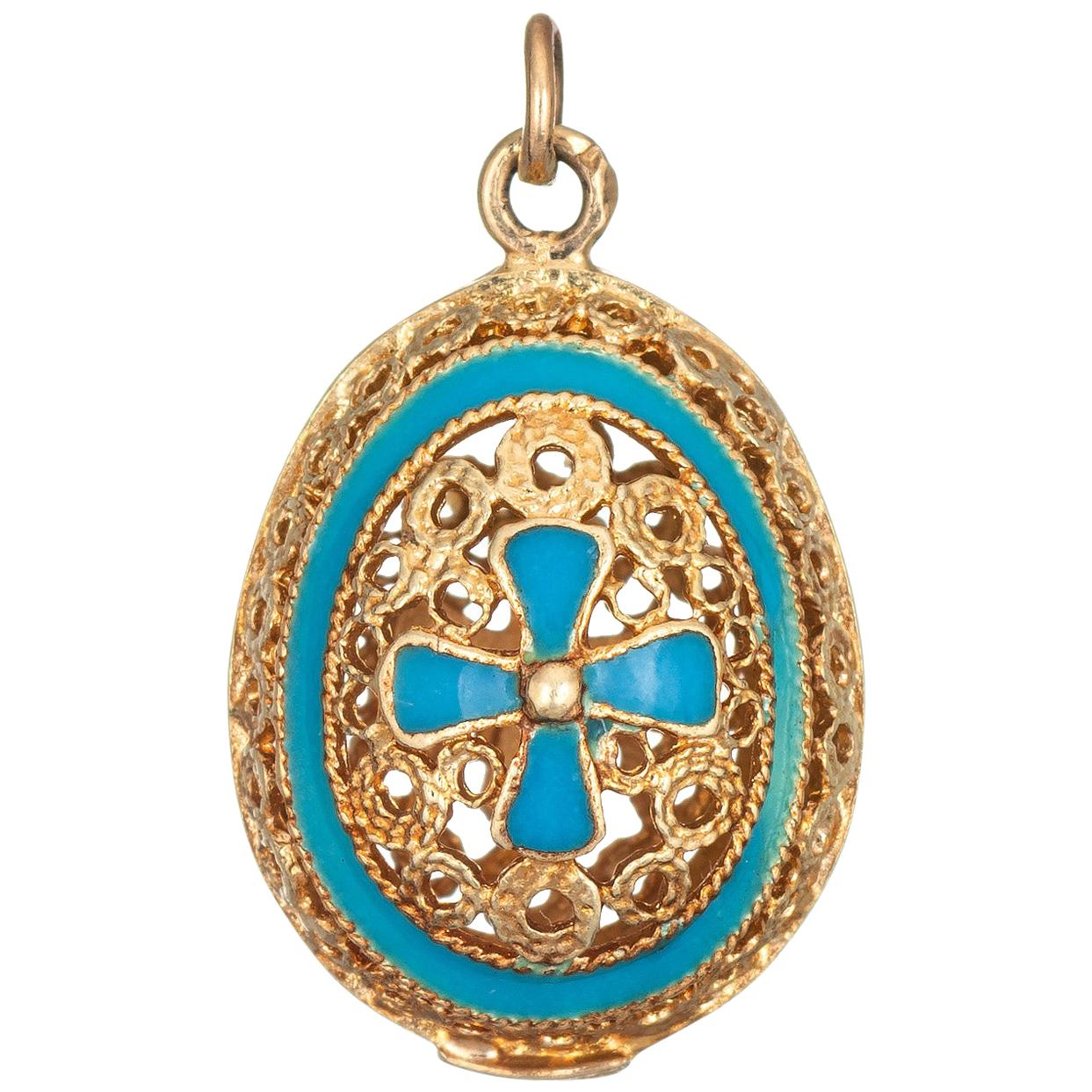 Blue Enamel Egg Charm Vintage 14 Karat Gold Filigree Religious Cross Pendant
