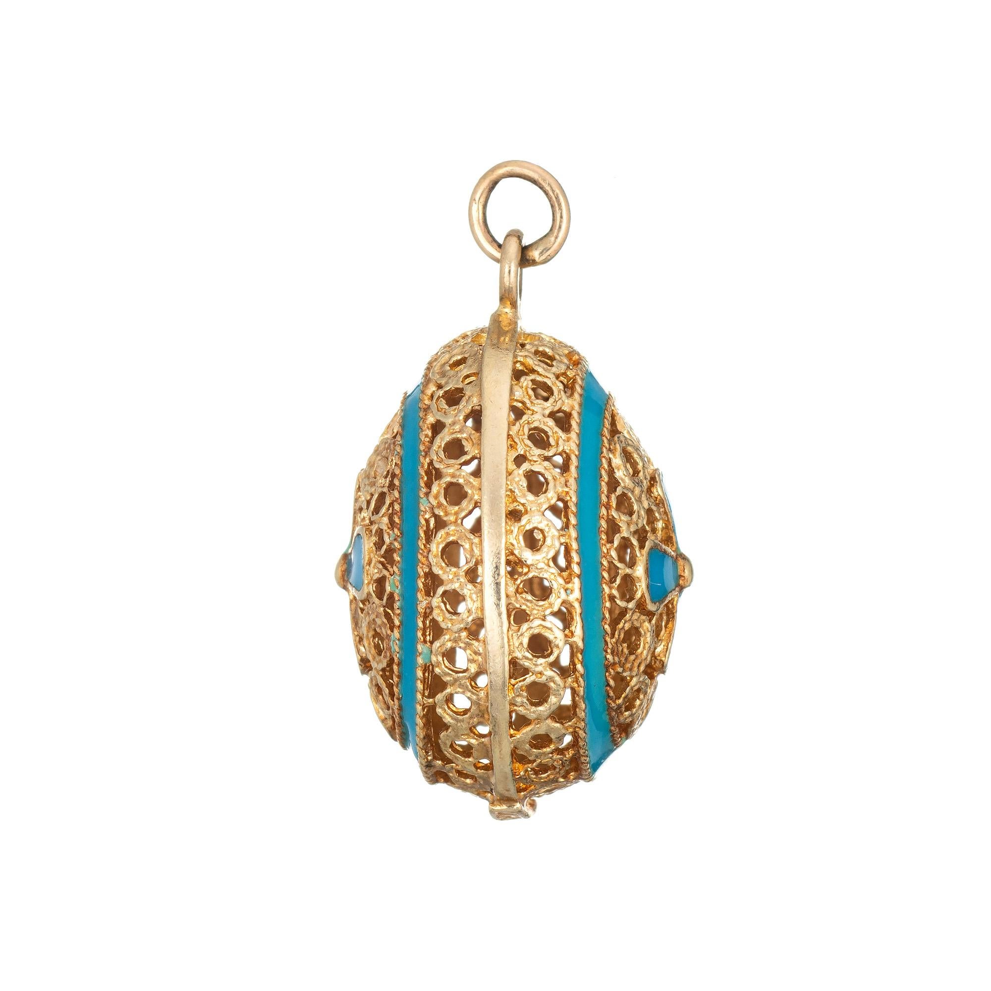 Modern Blue Enamel Egg Charm Vintage 14 Karat Gold Filigree Religious Cross Pendant
