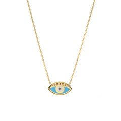 Blue Enamel Greek Evil Eye Necklace with Black Diamond in 18Kt Yellow Gold