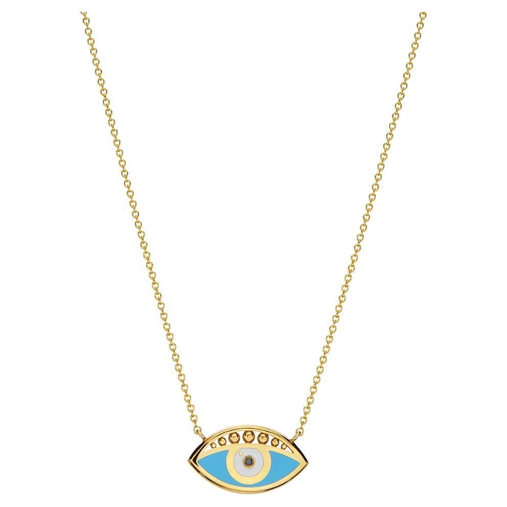 Blue Enamel Greek Evil Eye Necklace with Black Diamond in 18Kt Yellow Gold