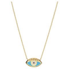 Blue Enamel Greek Evil Eye Necklace with Black Diamond in 18Kt Yellow Gold
