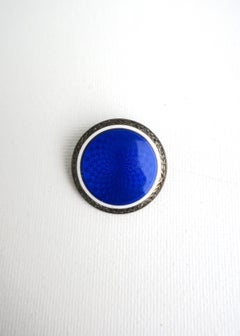 Blue Enamel Guilloche and Sterling Silver Pin Brooch
