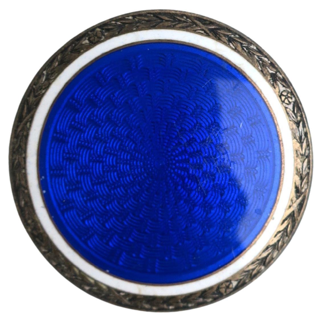 Blue Enamel Guilloche and Sterling Silver Pin Brooch