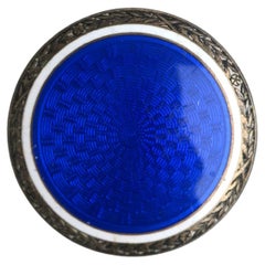 Blue Enamel Guilloche and Sterling Silver Pin Brooch