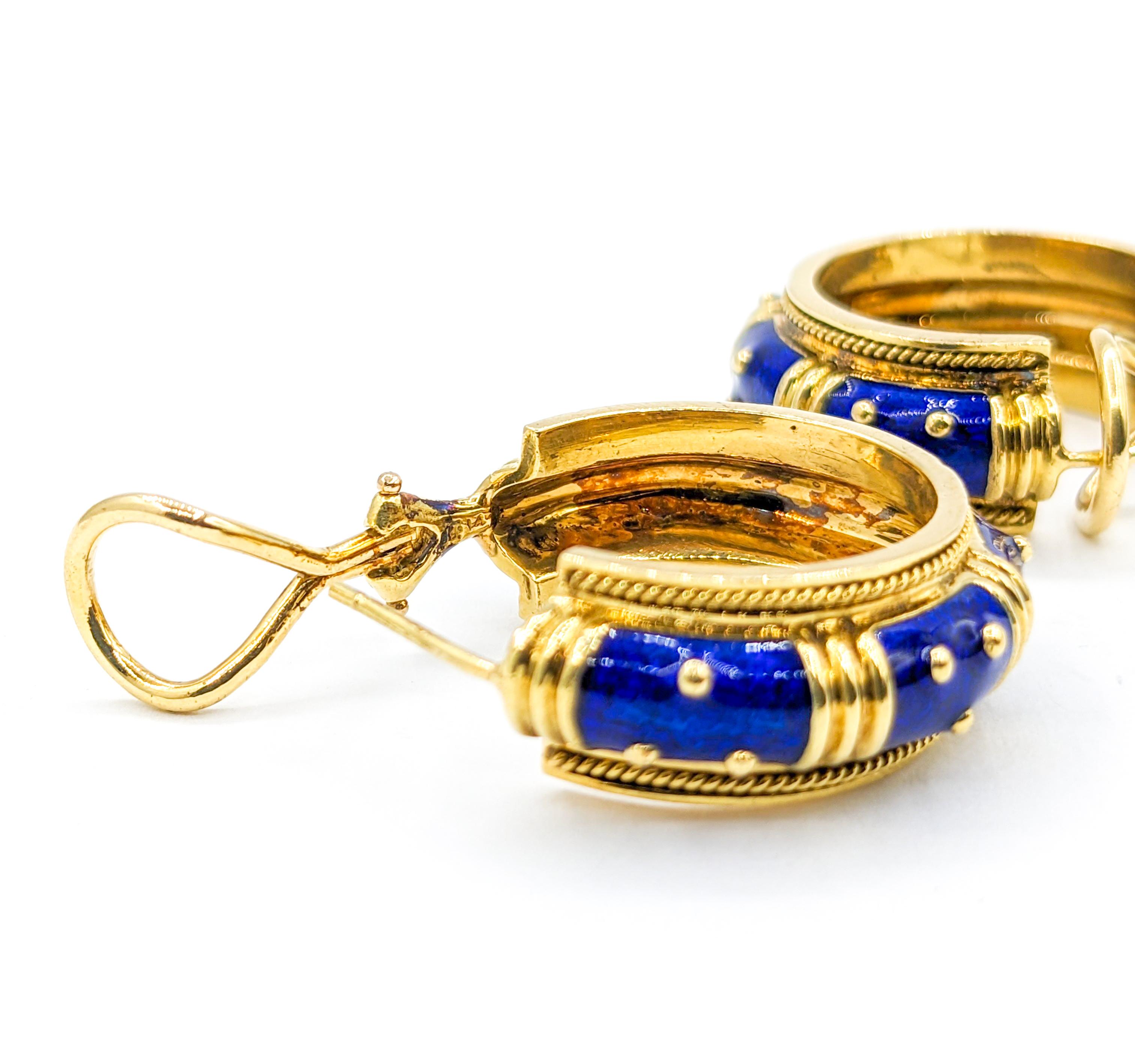 Contemporary Blue Enamel Hidalgo Hoop Omega Earrings For Sale