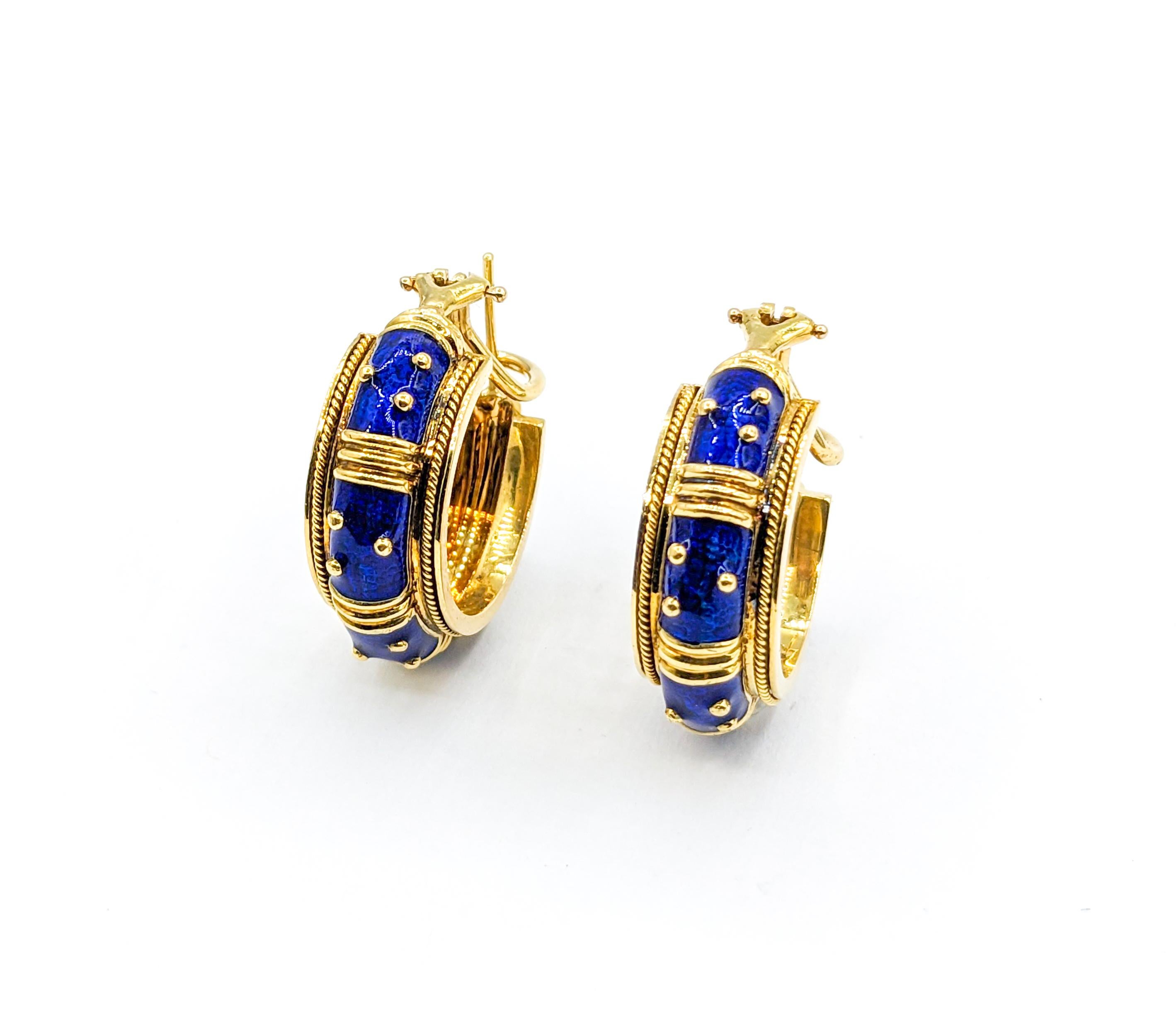Blue Enamel Hidalgo Hoop Omega Earrings In Excellent Condition For Sale In Bloomington, MN