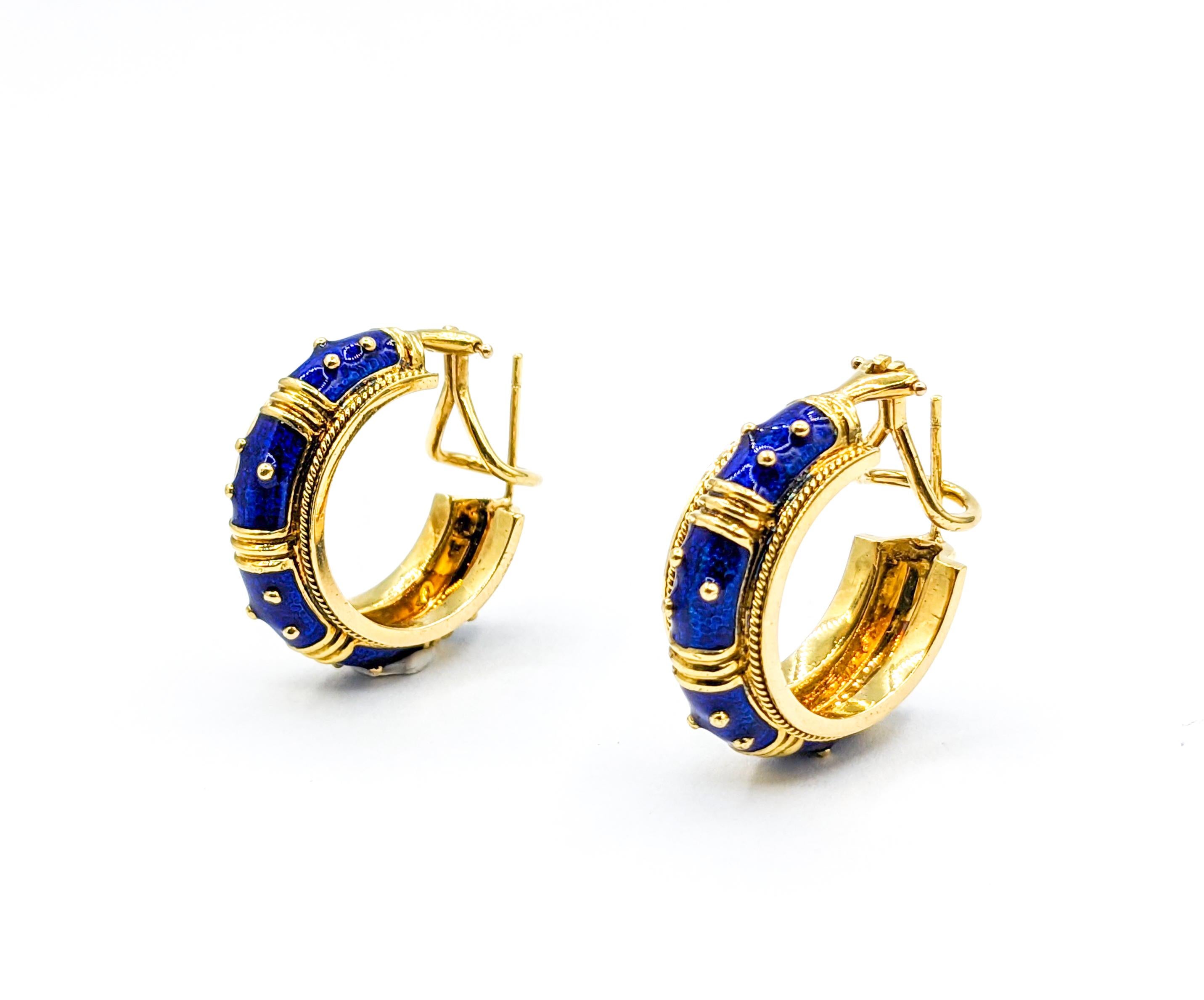 Blue Enamel Hidalgo Hoop Omega Earrings For Sale 1
