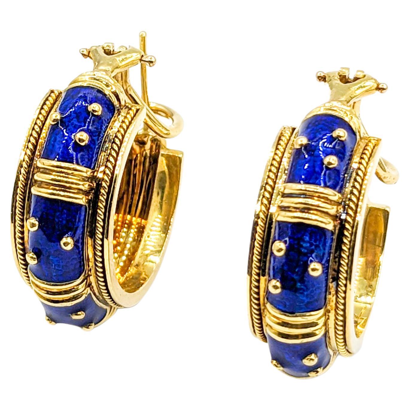 Blue Enamel Hidalgo Hoop Omega Earrings For Sale