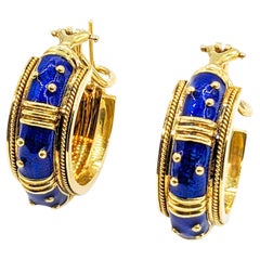 Vintage Blue Enamel Hidalgo Hoop Omega Earrings