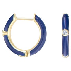 Blue Enamel Huggies with Diamonds, 14K Yellow Gold, GH SI1 Diamonds