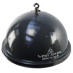 Blue Enamel Industrial Pendant Lamp, Cast Iron Hook, Mid-20th Century