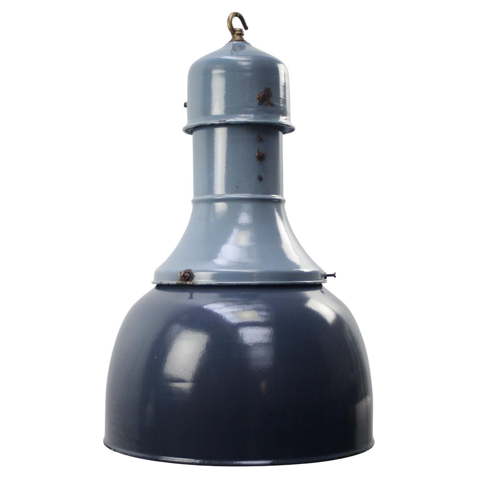 Blue Enamel Industrial Pendant Light with Brass Top