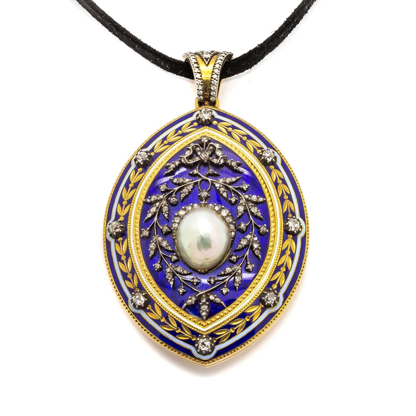 A Victorian blue enamel, diamond and pearl pendant, with a navette outline, set with a central natural pearl, on a background of blue, guilloche enamel, with white enamel outlines and square nailhead and gold wreath decoration, alternating with