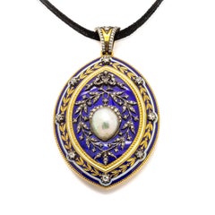 Blue Enamel Pearl Diamond Pendant