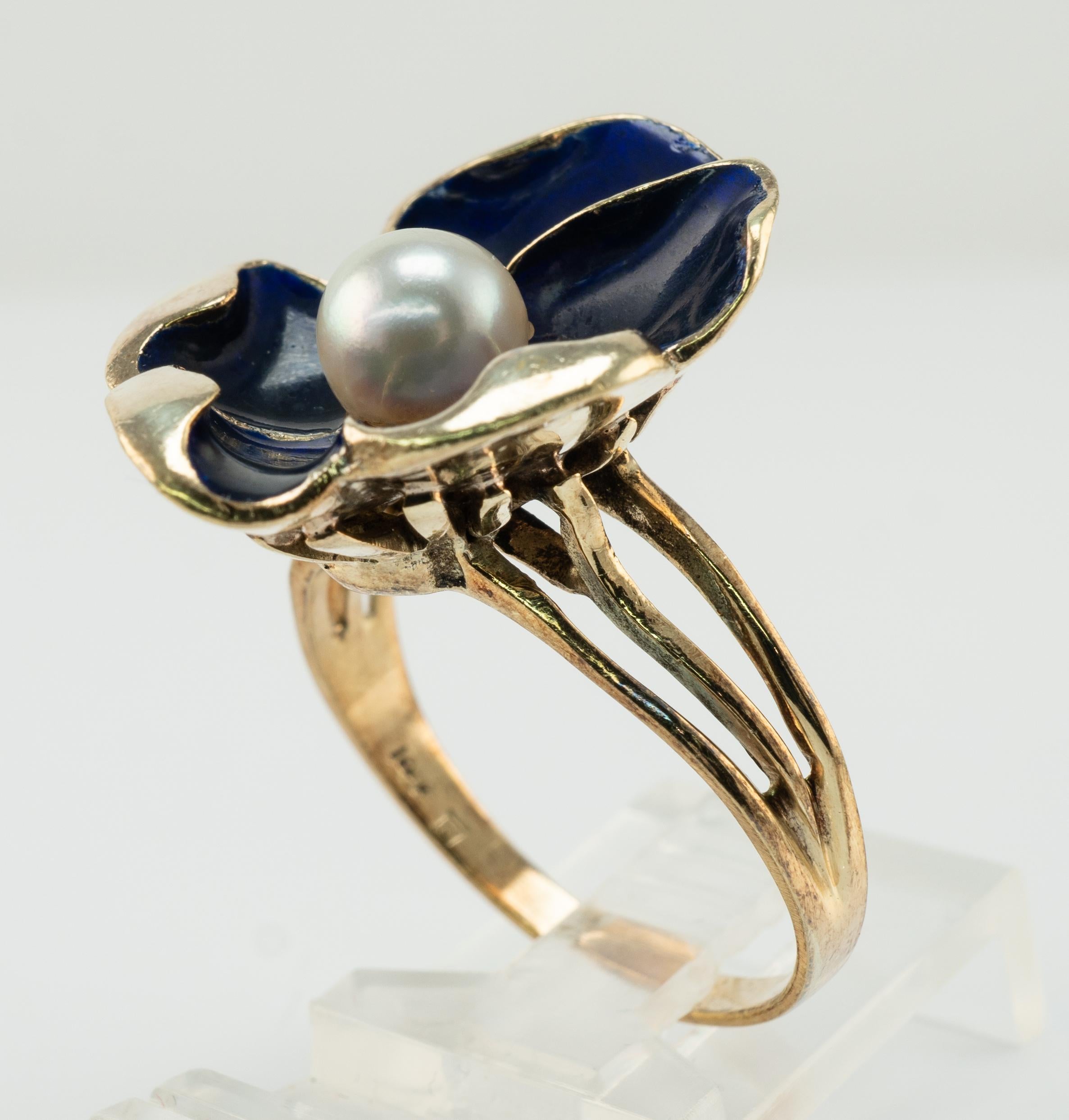 Blue Enamel Pearl Ring Flower 14k Gold Vintage For Sale 5